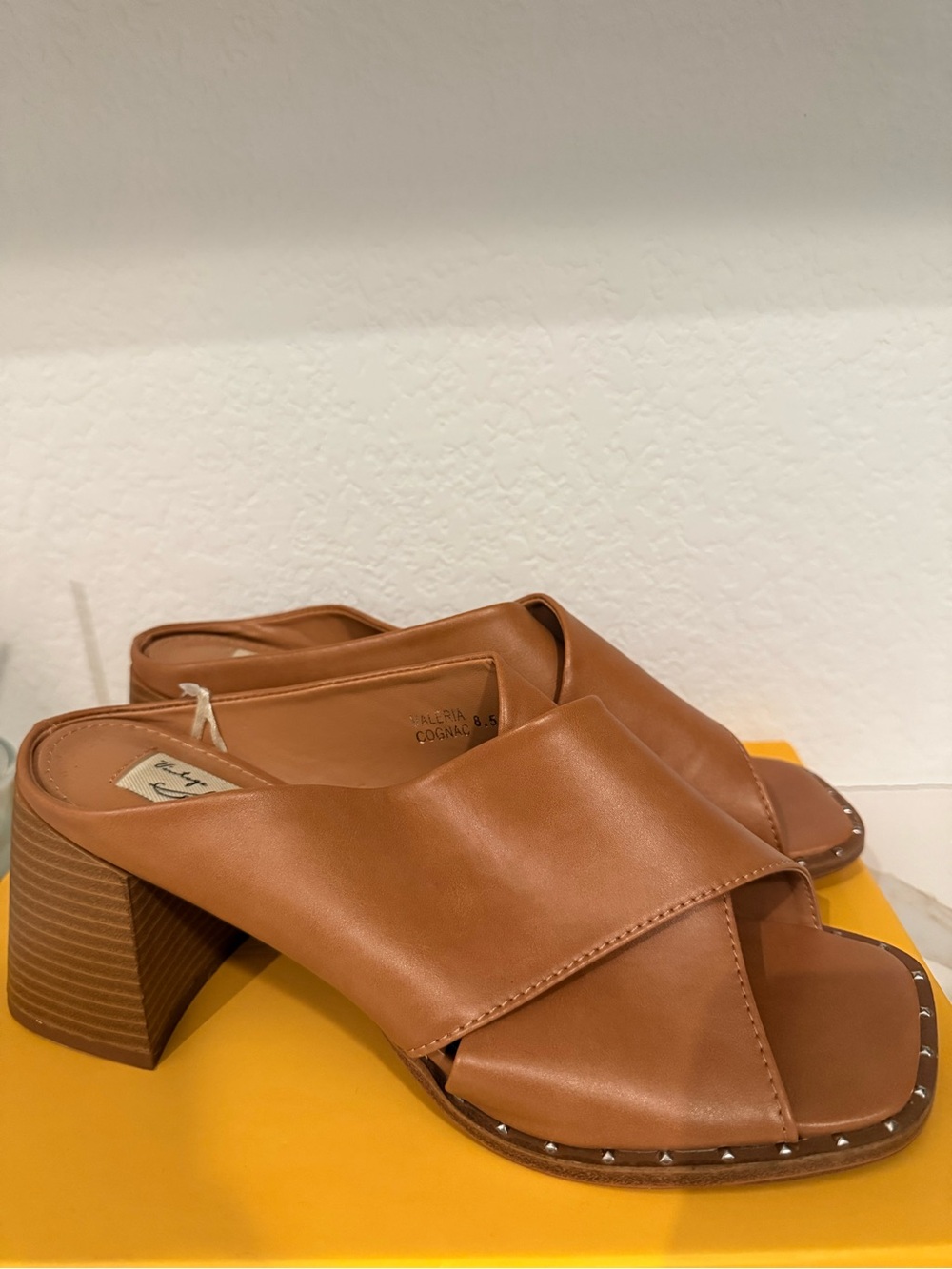 Vintage Havana Cognac Leather Cross-Strap Mule Heels